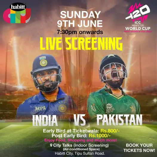 Join Us for the Ultimate Pakistan vs India T20 World Cup 2024 Live Screening at Habitt City! Grab Your Online Tickets Now for an Unforgettable Cricket Showdown, get an opportunity to watch this match in a comfortable and centrally air-conditioned indoor space, and enjoy a live market right outside with lots of amazing stalls! Book your ticket at: https://ticketwala.pk/.../pakistan-vs-india-live... Note: Early Bird ends on 1st June! Early Bird: Rs. 800 Normal Price: Rs. 1000 Venue: City Talks, Habitt City Date: 9th June 2024 Gates Open: 7:00 pm Match Starts: 7:30 pm onwards